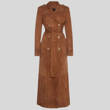 Damen Goatsuede Trenchcoat Cognac Braun – Longline Double Breasted Tailored Fit Wildledermantel