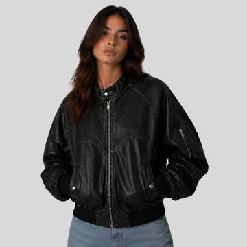 Damen Sheepskin Leder Bomberjacke Schwarz Oversized Fit – NoirAero