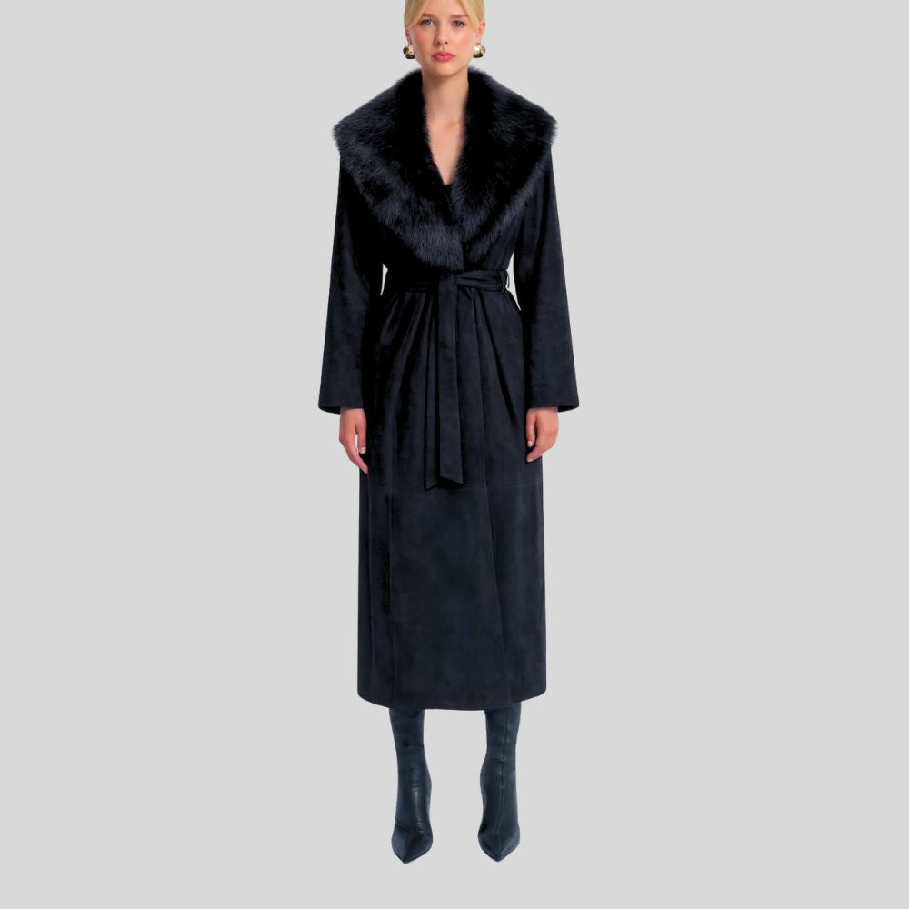 Damen Schwarzer Goatsuede Mantel mit Fellkragen – Veloura