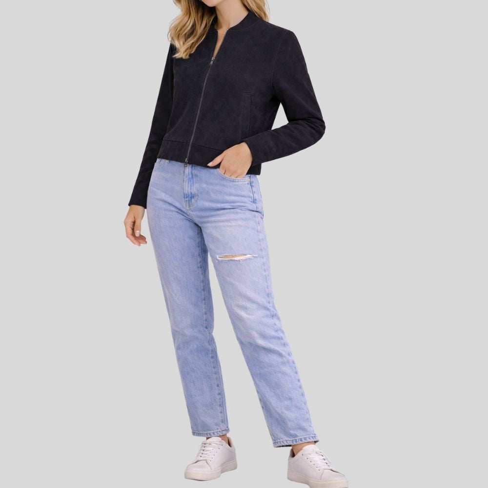 Damen Schwarze Goatsuede Bomberjacke – Slim Fit Noira