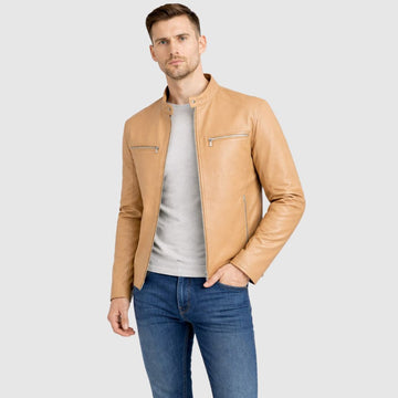 Racer-Jacke Leder Camel mit Stehkragen