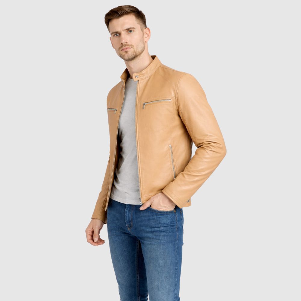 Racer-Jacke Leder Camel mit Stehkragen