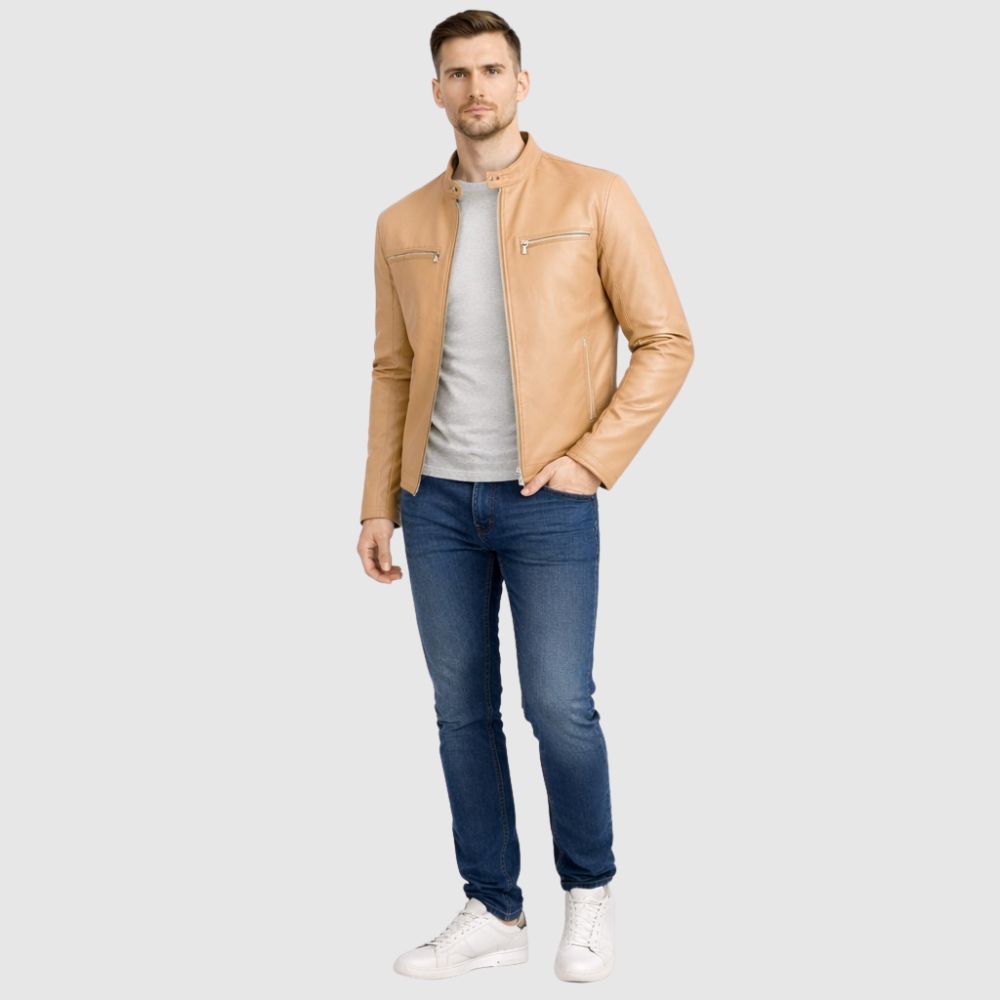 Racer-Jacke Leder Camel mit Stehkragen