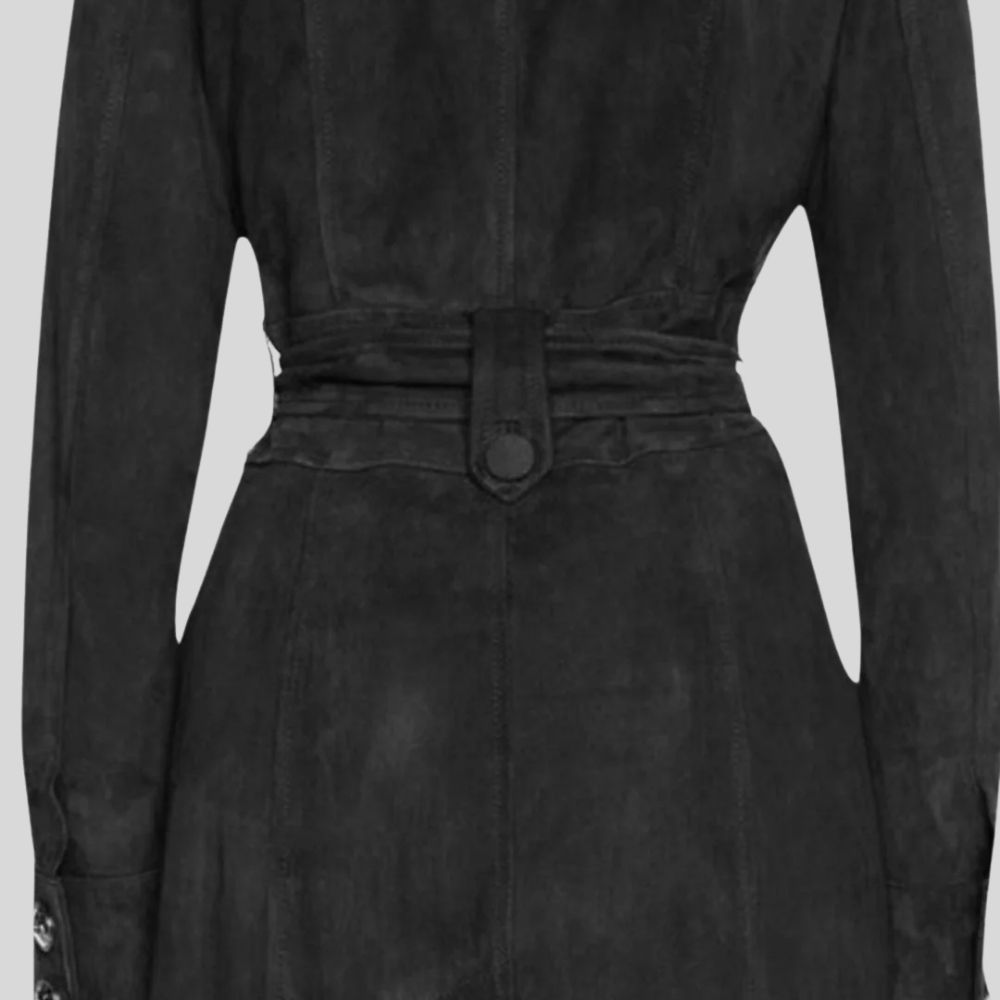 Damen Goatsuede Trenchcoat Vintage Schwarz – Longline Double Breasted Tailored Fit Wildledermantel