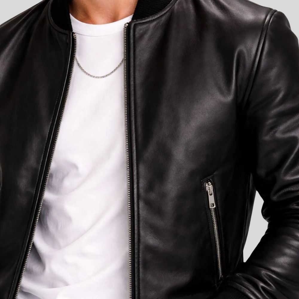 Herren Lederjacke Bomberjacke Schwarz – Glattleder mit Reißverschluss