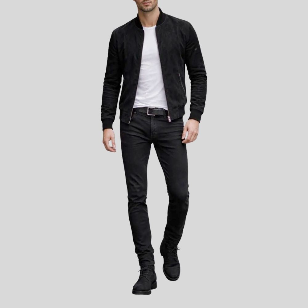 Herren Bomberjacke Wildleder Schwarz Zipper