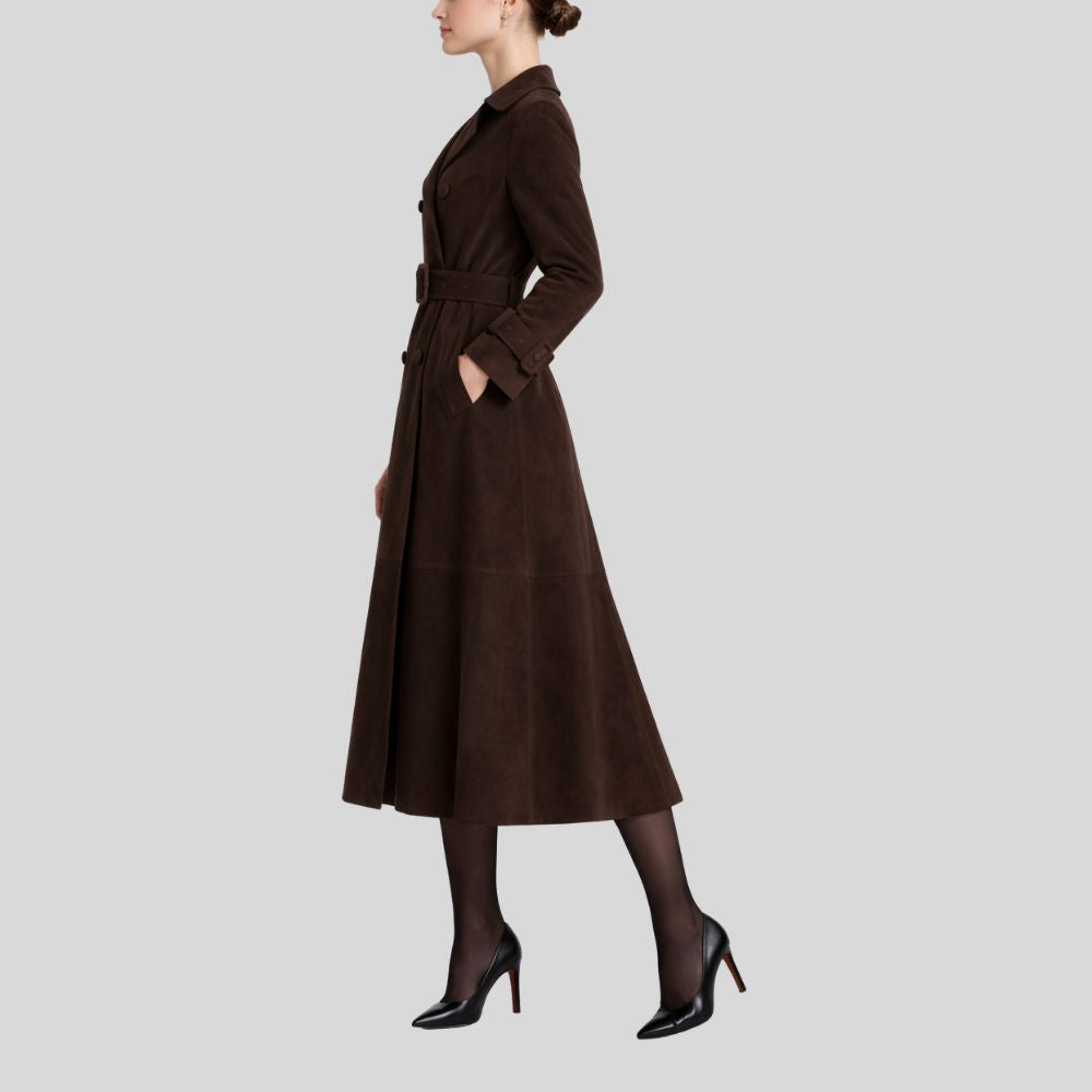 Damen Goatsuede Trenchcoat Dunkelbraun – Longline Double Breasted Tailored Fit Wildledermantel