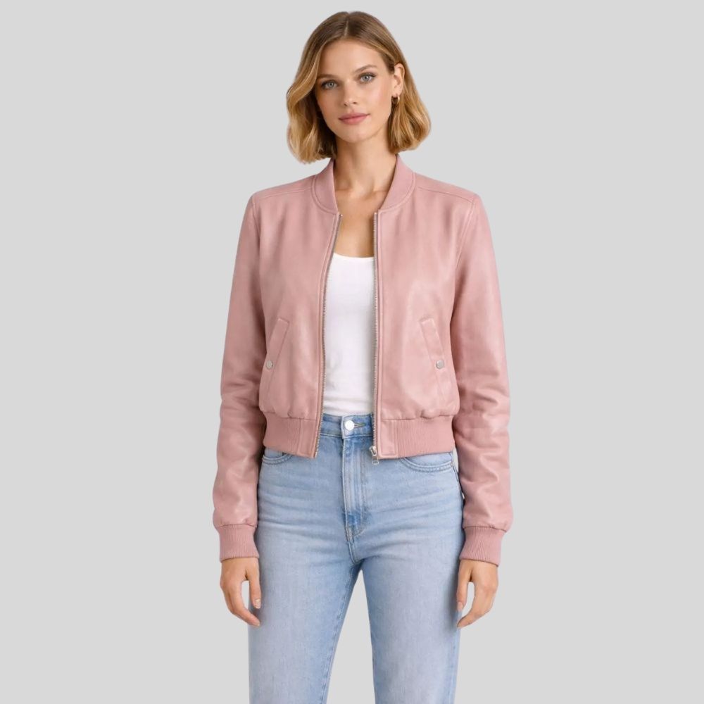 Damen Sheepskin Leder Bomberjacke Rosa – Cropped Modern Fit Jacket