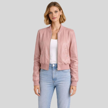 Damen Sheepskin Leder Bomberjacke Rosa – Cropped Modern Fit Jacket