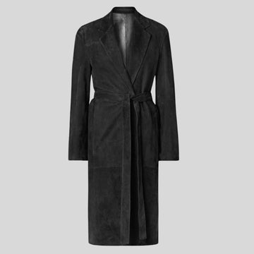 Damen Goatsuede Mantel Schwarz – Minimal Longline Belted Tailored Fit Wildledermantel