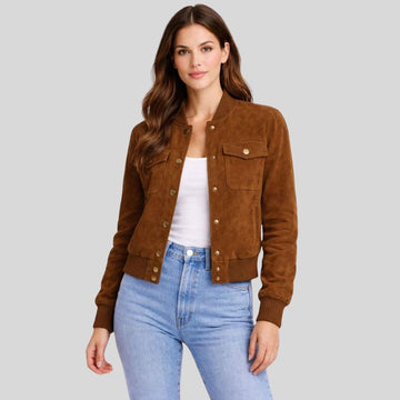 Damen Goatsuede Bomberjacke Braun Cropped Fit Modern – TerraMuse