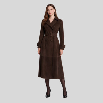 Damen Goatsuede Trenchcoat Dunkelbraun – Longline Double Breasted Tailored Fit Wildledermantel
