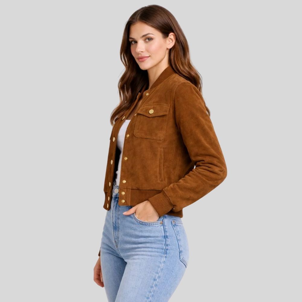 Damen Goatsuede Bomberjacke Braun Cropped Fit Modern – TerraMuse