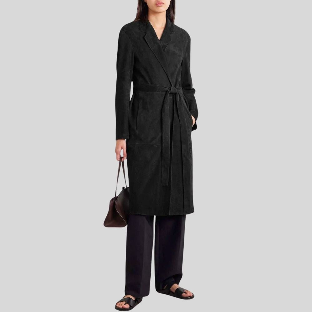 Damen Goatsuede Mantel Schwarz – Minimal Longline Belted Tailored Fit Wildledermantel