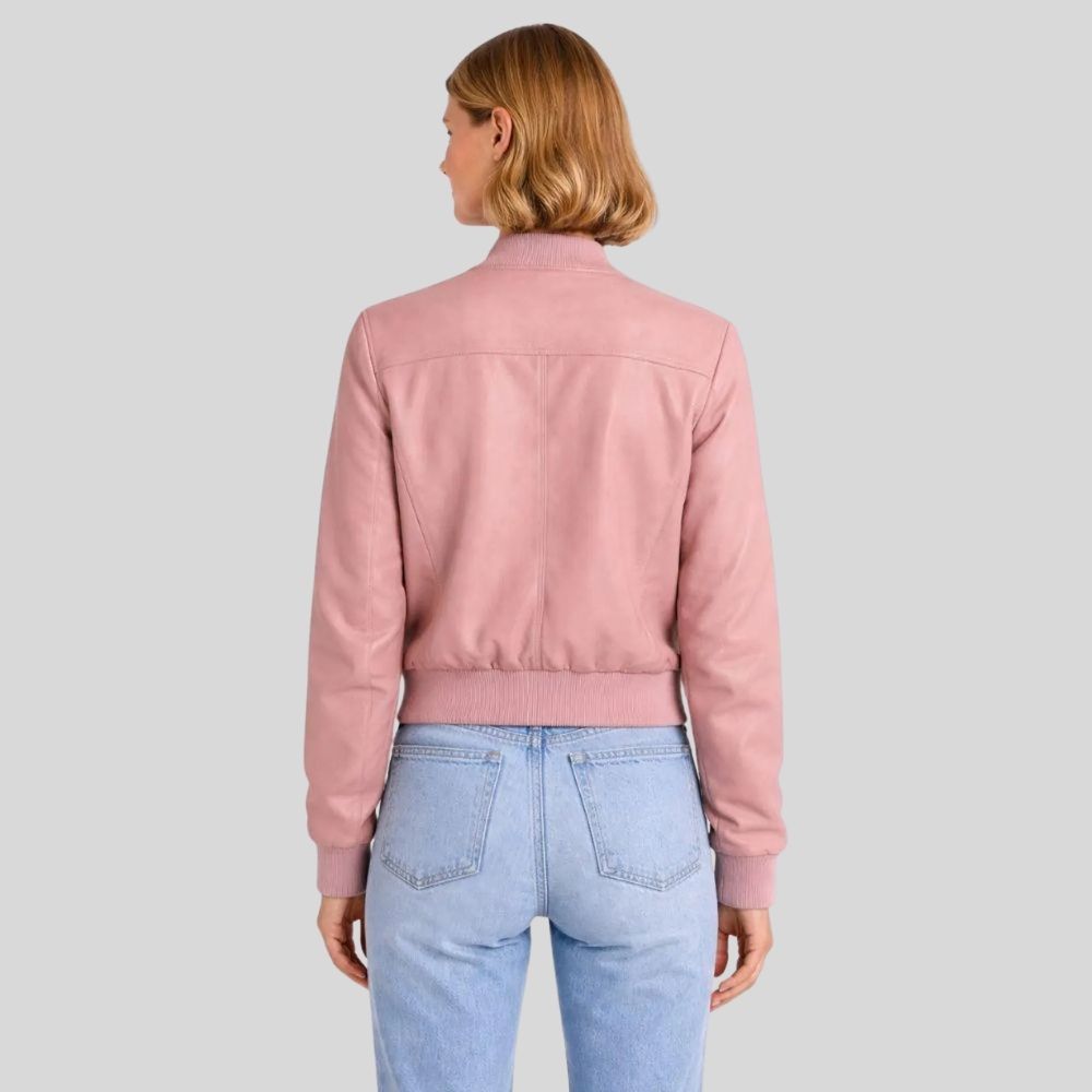 Damen Sheepskin Leder Bomberjacke Rosa – Cropped Modern Fit Jacket