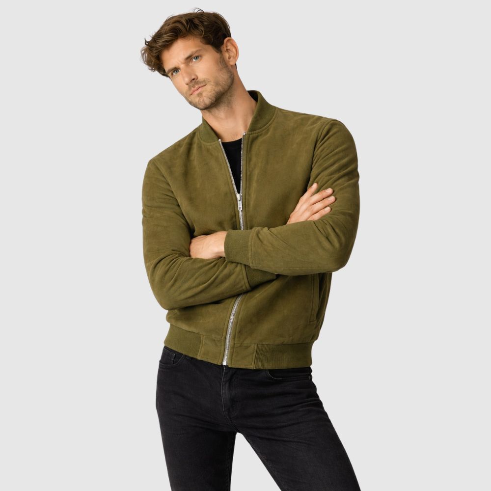Bomberjacke Wildleder Olivgrün Slim Fit