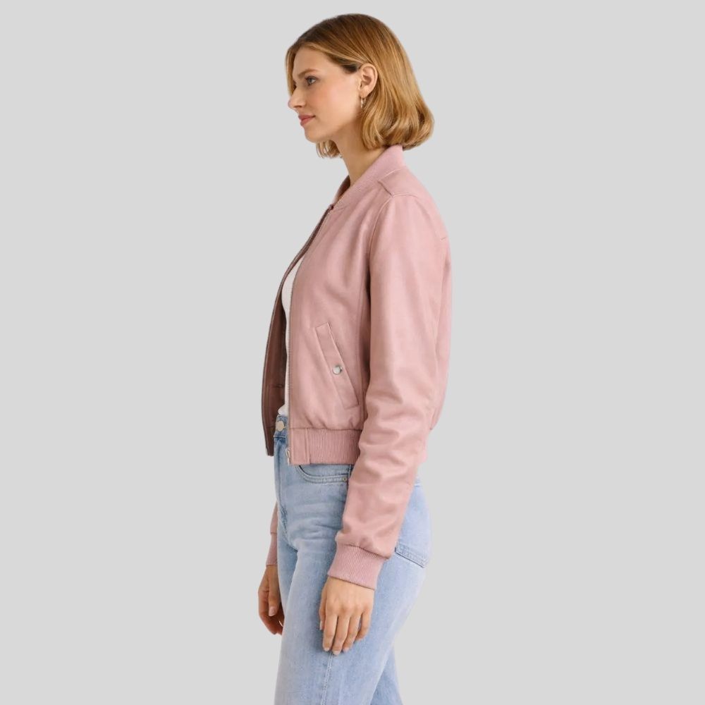 Damen Sheepskin Leder Bomberjacke Rosa – Cropped Modern Fit Jacket