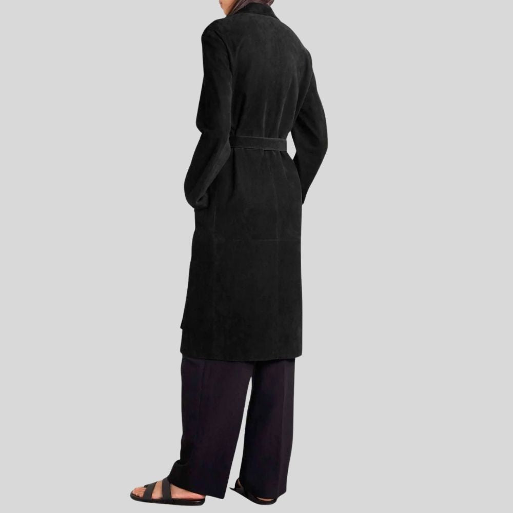 Damen Goatsuede Mantel Schwarz – Minimal Longline Belted Tailored Fit Wildledermantel
