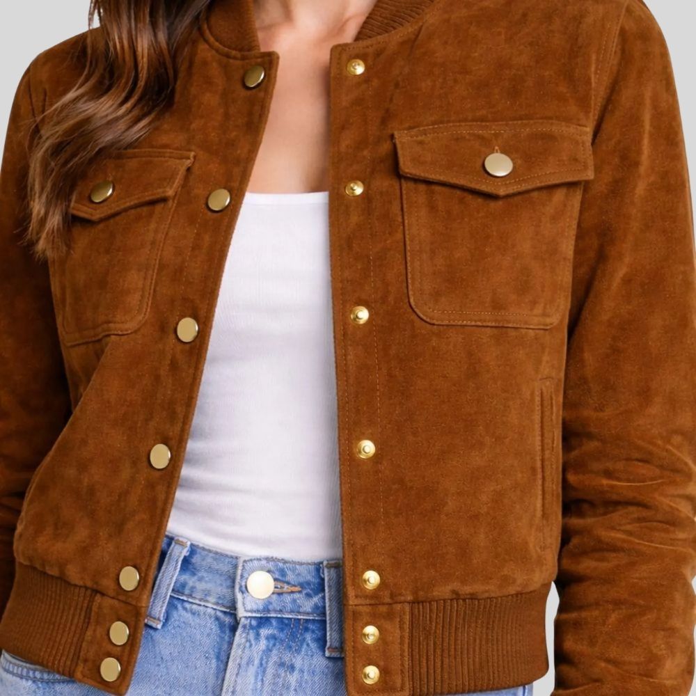 Damen Goatsuede Bomberjacke Braun Cropped Fit Modern – TerraMuse