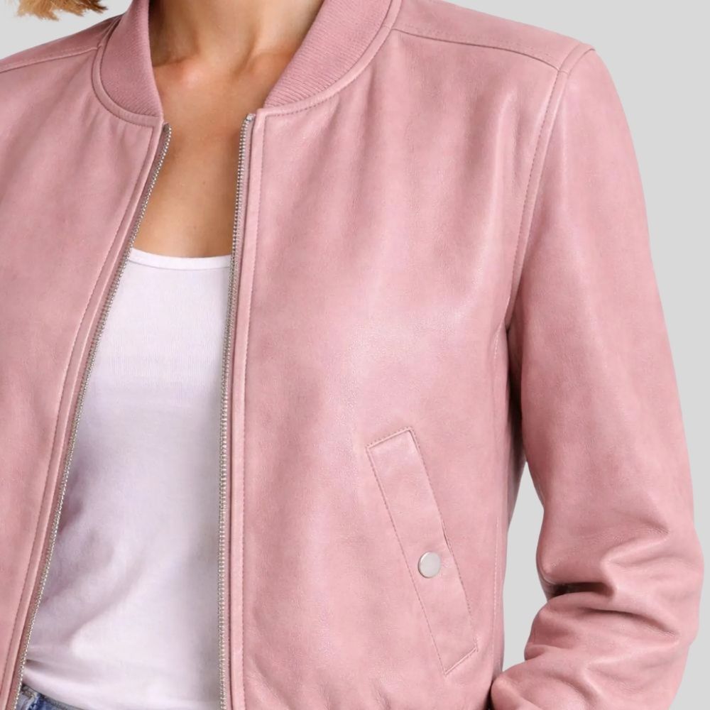 Damen Sheepskin Leder Bomberjacke Rosa – Cropped Modern Fit Jacket