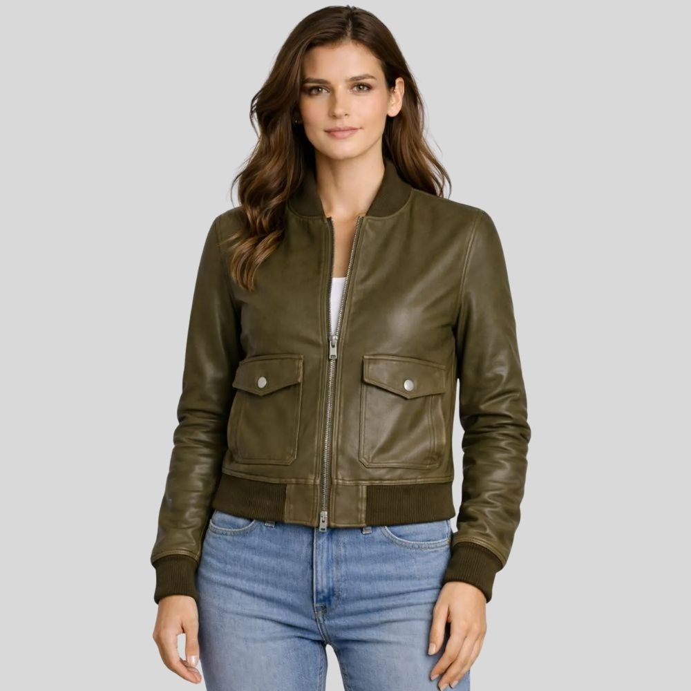 Damen Sheepskin Leder Bomberjacke Olivgrün – Utility Modern Fit Jacket