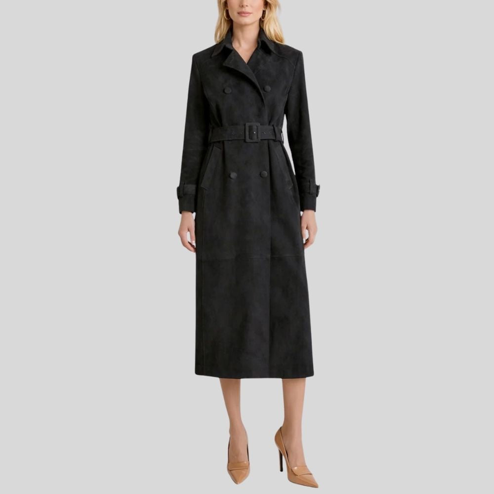 Damen Goatsuede Trenchcoat Schwarz – Longline Belted Double Breasted Tailored Fit Wildledermantel