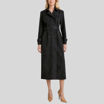 Damen Goatsuede Trenchcoat Schwarz – Longline Belted Double Breasted Tailored Fit Wildledermantel