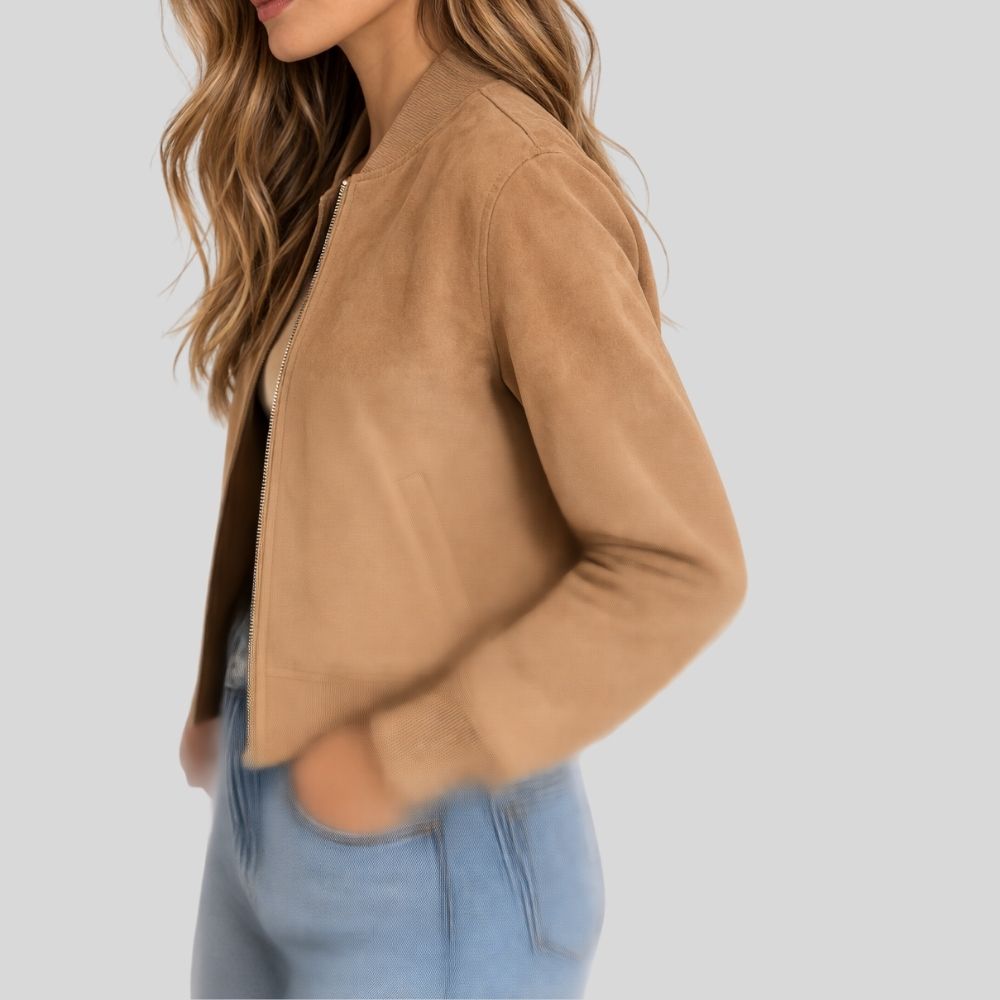 Damen Camel Goatsuede Bomberjacke – Slim Fit Velina