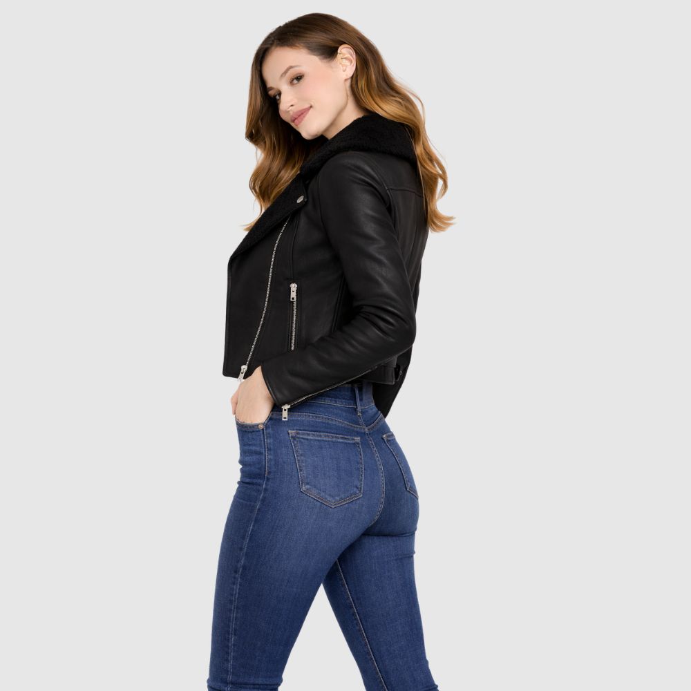 Damen Schwarze Leder Bikerjacke – Slim Fit