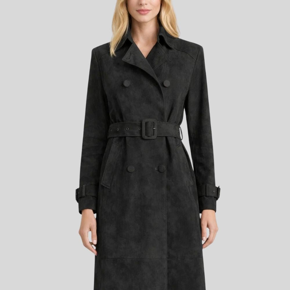Damen Goatsuede Trenchcoat Schwarz – Longline Belted Double Breasted Tailored Fit Wildledermantel