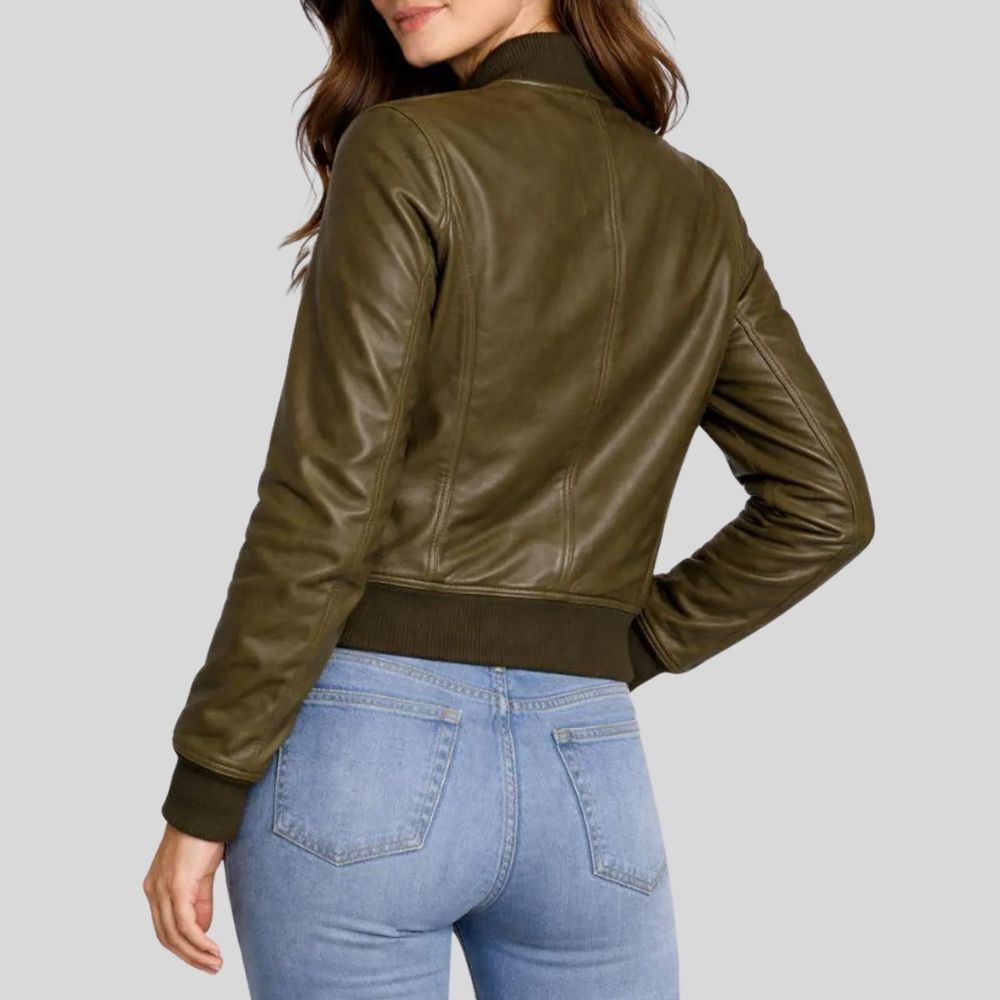 Damen Sheepskin Leder Bomberjacke Olivgrün – Utility Modern Fit Jacket