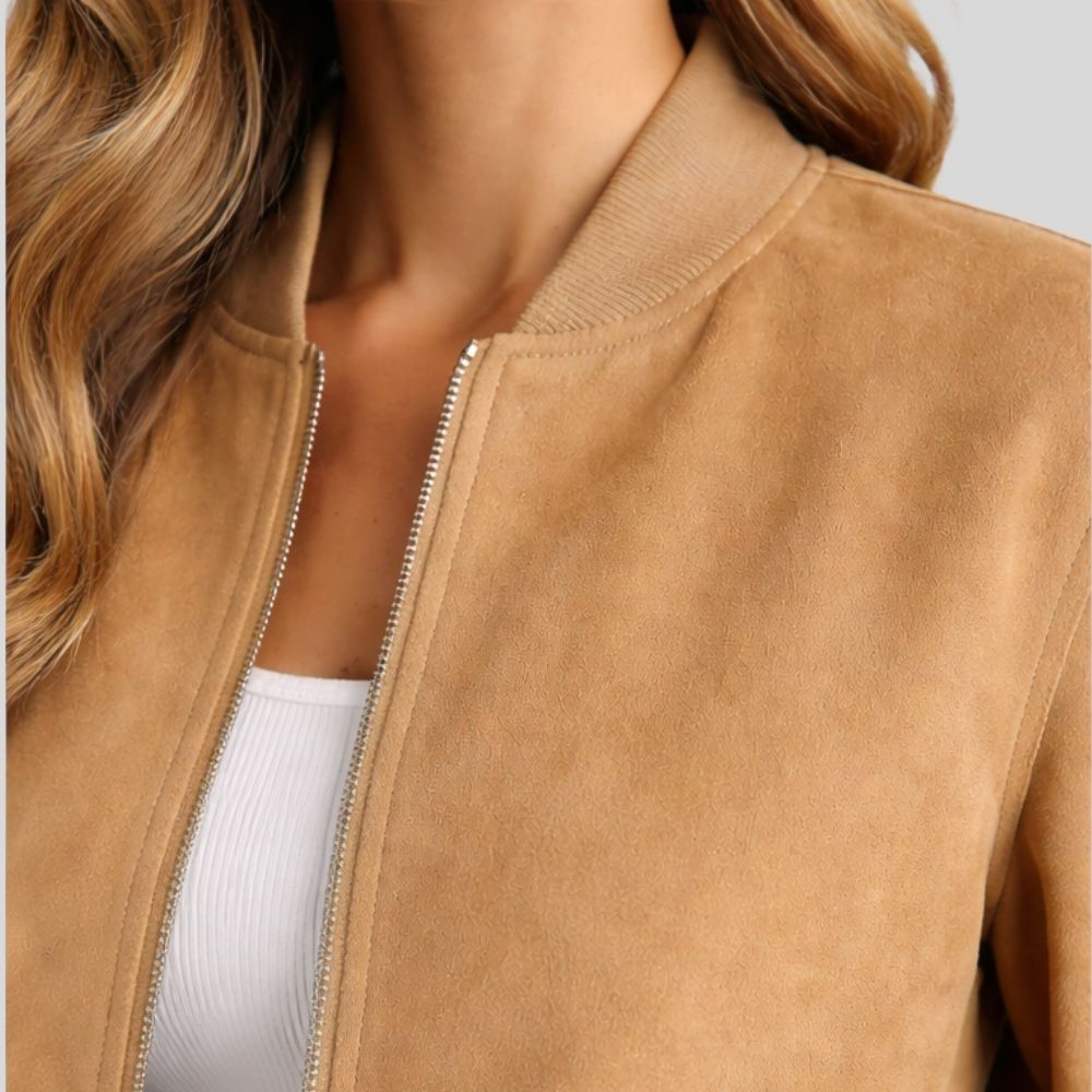 Damen Camel Goatsuede Bomberjacke – Slim Fit Velina