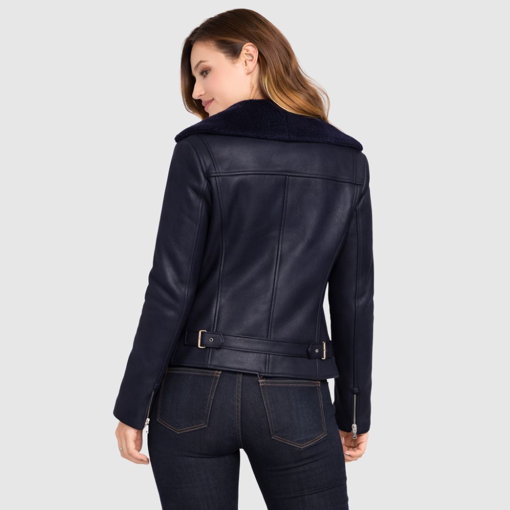 Damen Navy Leder Bikerjacke – Slim Fit