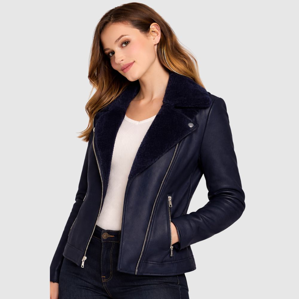 Damen Navy Leder Bikerjacke – Slim Fit