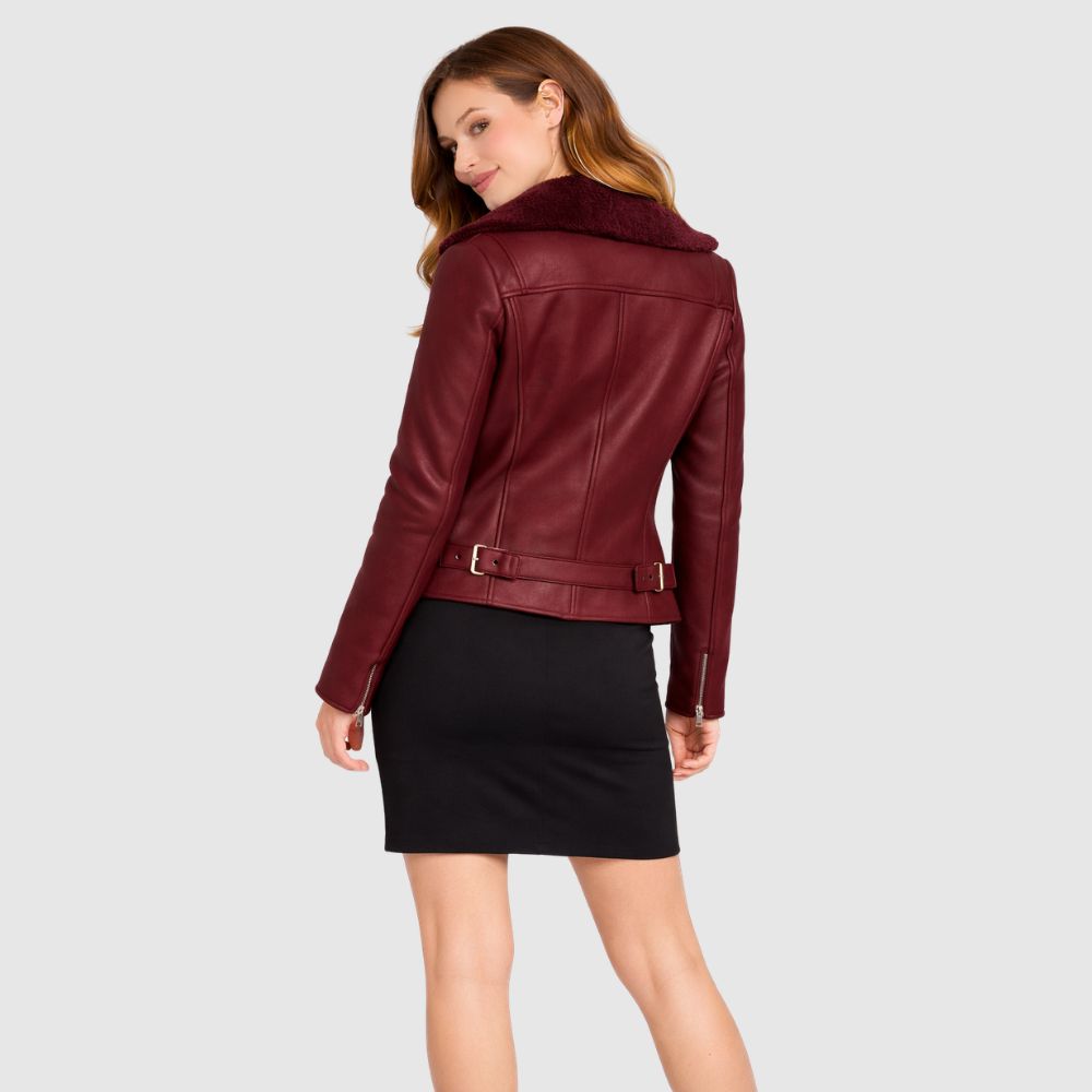 Damen Burgunder Leder Bikerjacke – Slim