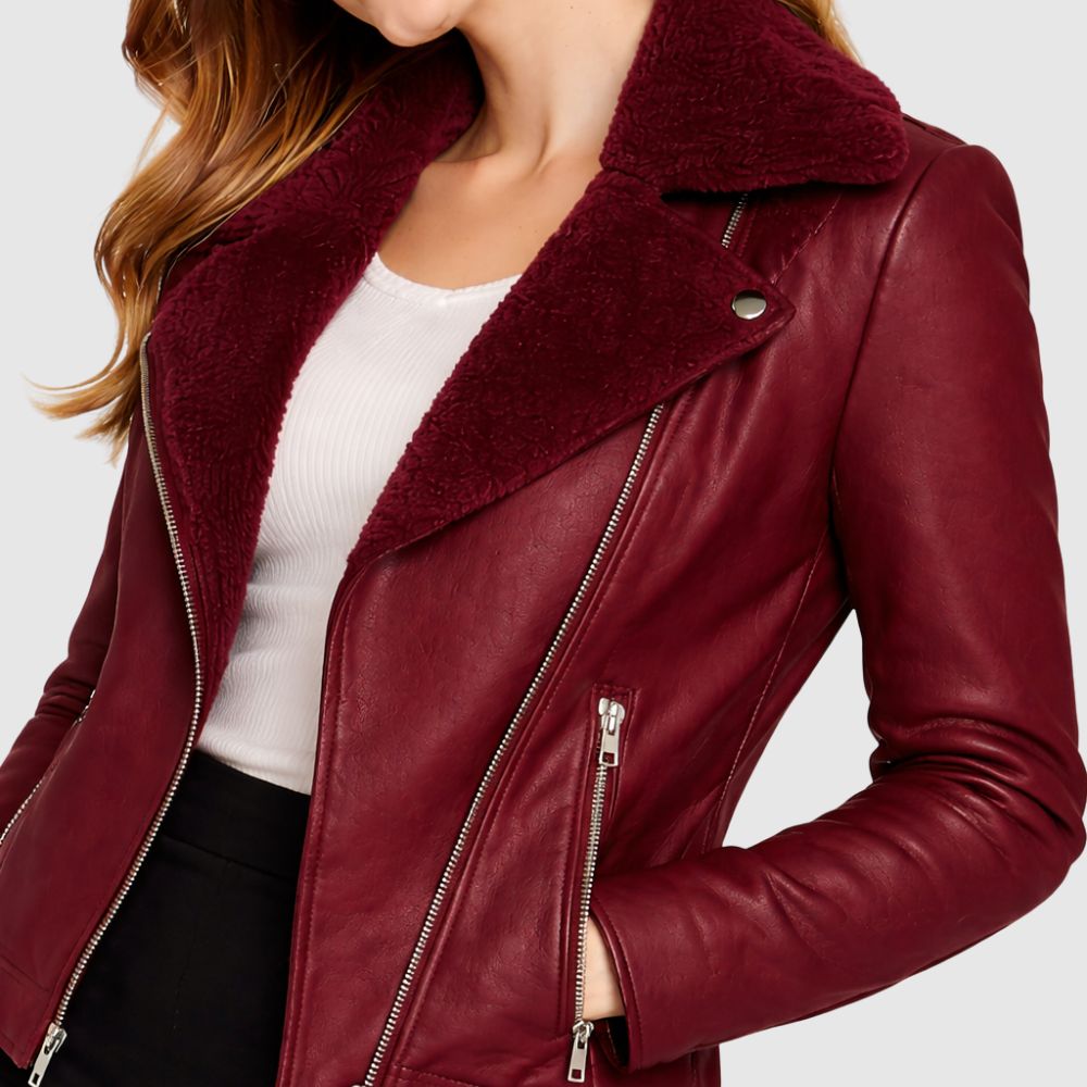 Damen Burgunder Leder Bikerjacke – Slim