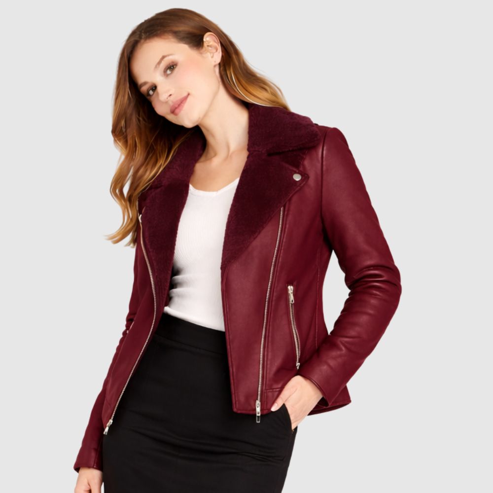 Damen Burgunder Leder Bikerjacke – Slim