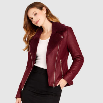 Damen Burgunder Leder Bikerjacke – Slim