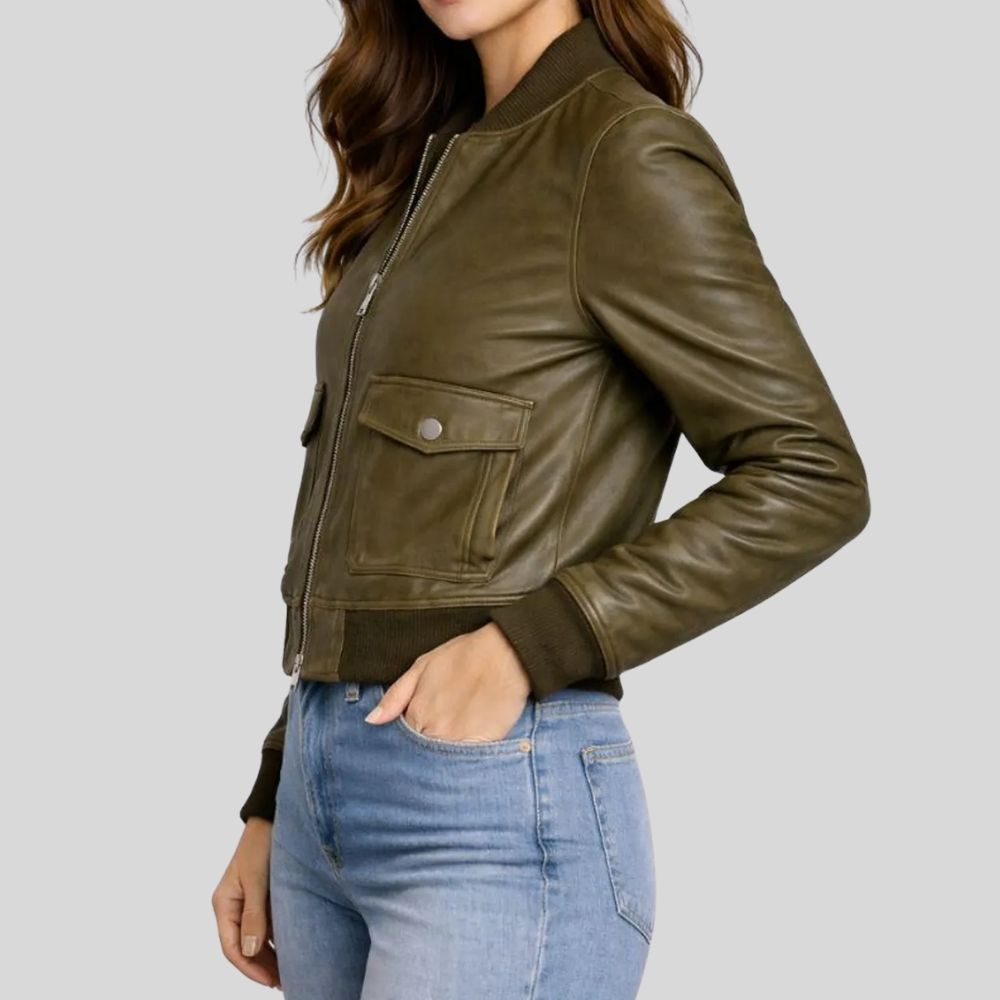 Damen Sheepskin Leder Bomberjacke Olivgrün – Utility Modern Fit Jacket