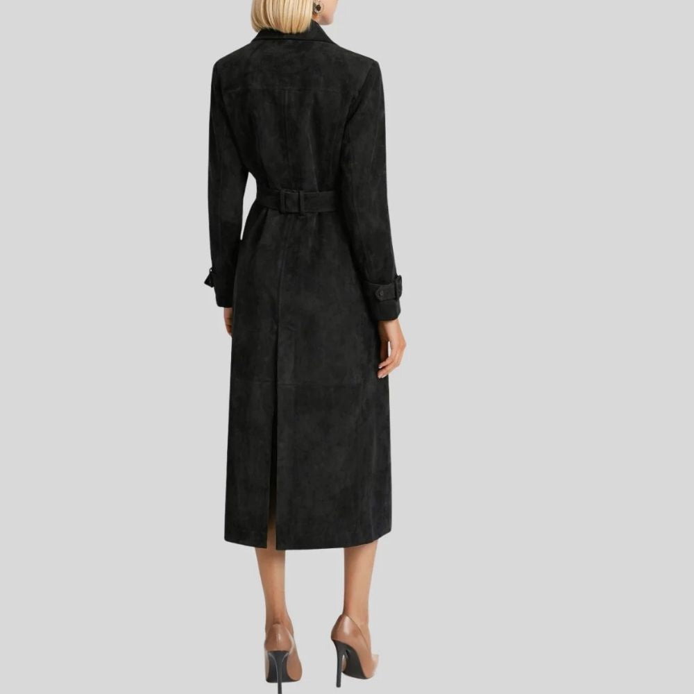 Damen Goatsuede Trenchcoat Schwarz – Longline Belted Double Breasted Tailored Fit Wildledermantel