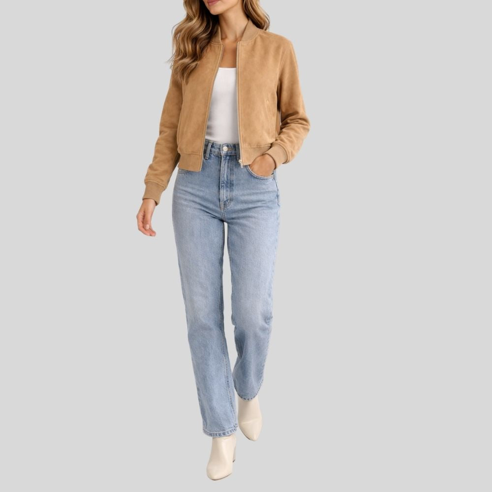 Damen Camel Goatsuede Bomberjacke – Slim Fit Velina