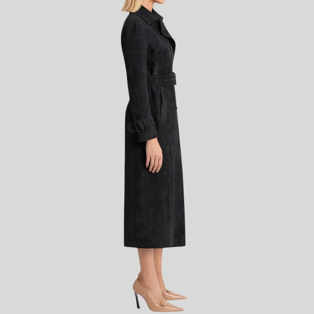 Damen Goatsuede Trenchcoat Schwarz – Longline Belted Double Breasted Tailored Fit Wildledermantel