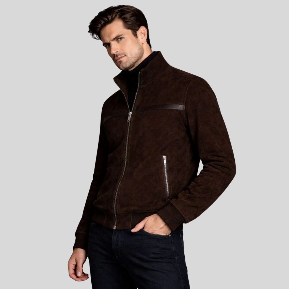 Herren Jacke Wildleder Dunkelbraun Kontrast