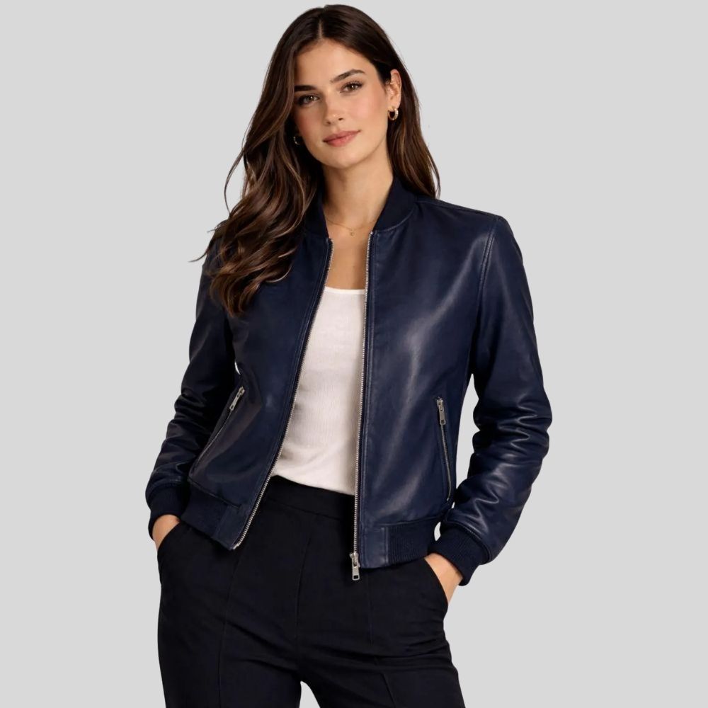 Damen Sheepskin Leder Bomberjacke Navy Blau – Tailored Fit Zip Jacket