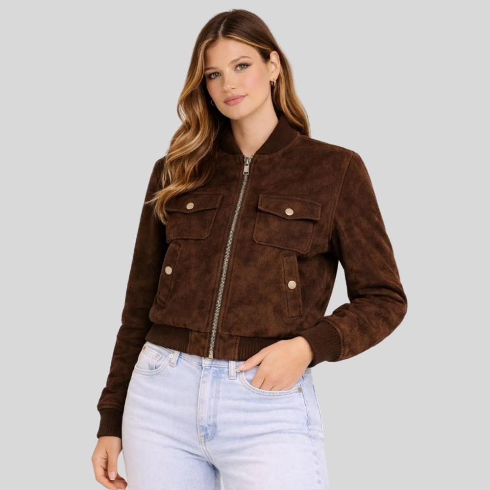 Damen Goatsuede Bomberjacke Dunkelbraun Cropped Fit Modern – CocoaMuse