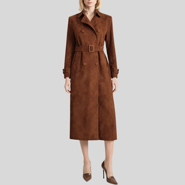 Damen Goatsuede Trenchcoat Braun – Taillierter Langmantel mit Gürtel