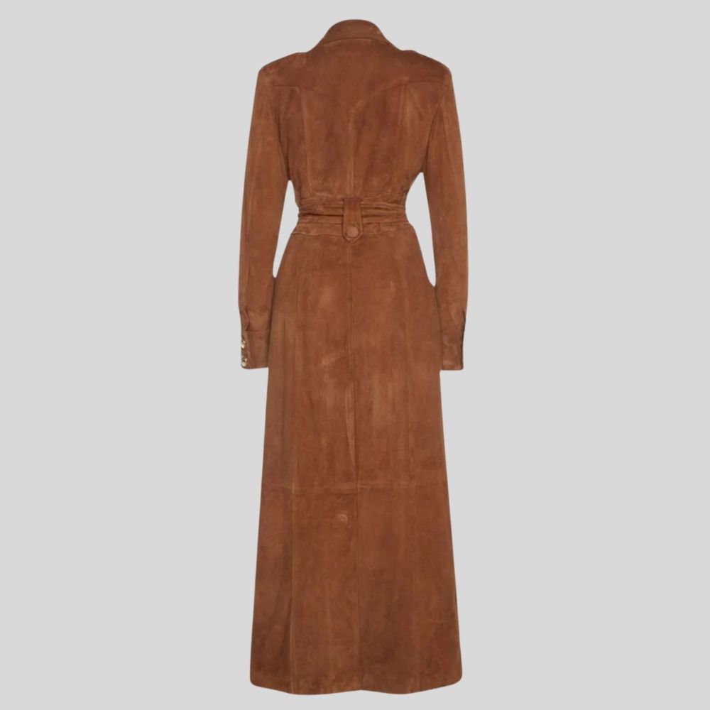 Damen Goatsuede Trenchcoat Cognac Braun – Longline Double Breasted Tailored Fit Wildledermantel