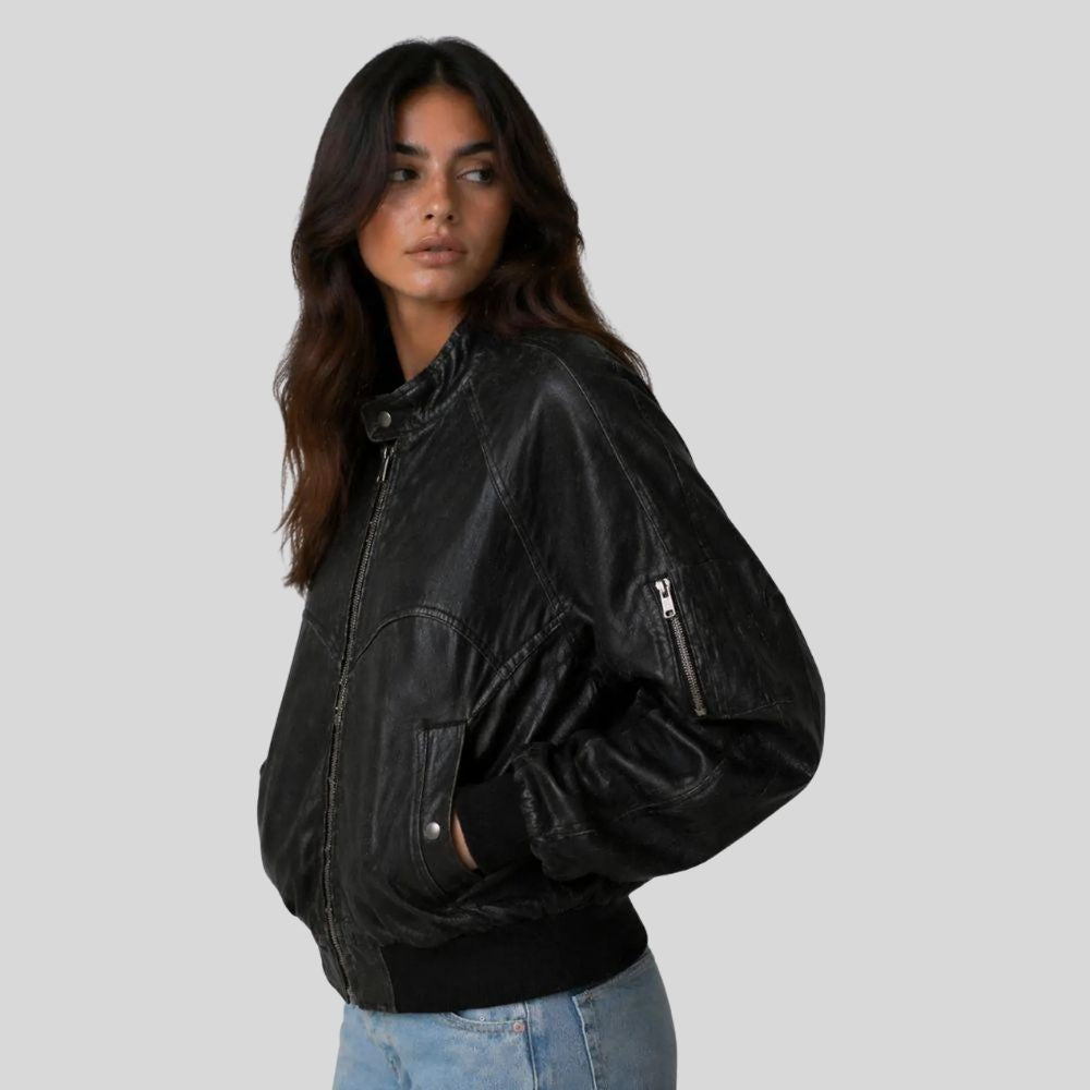 Damen Sheepskin Leder Bomberjacke Schwarz Oversized Fit – NoirAero
