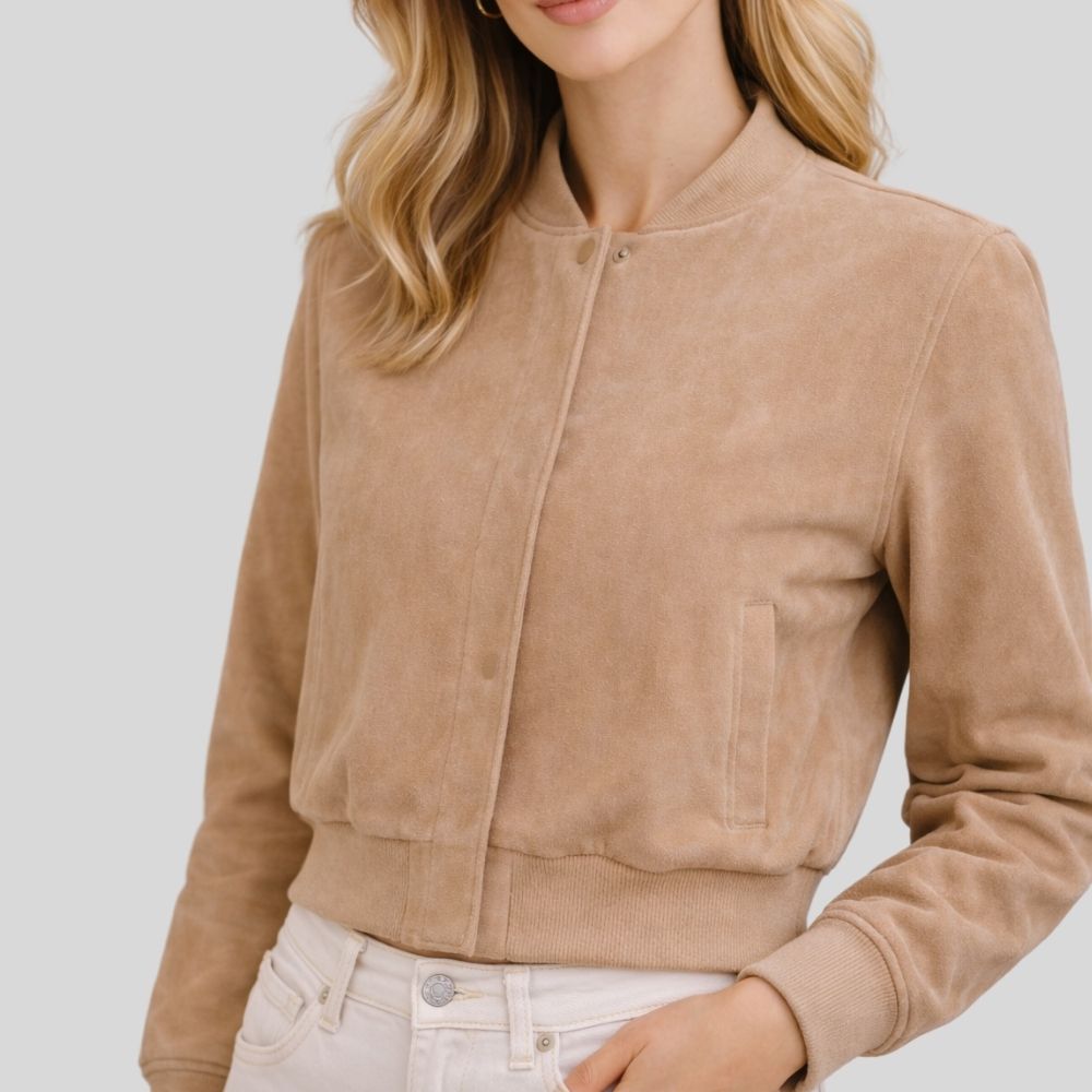 Damen Beige Goatsuede Bomberjacke – Slim Fit Luna Soft
