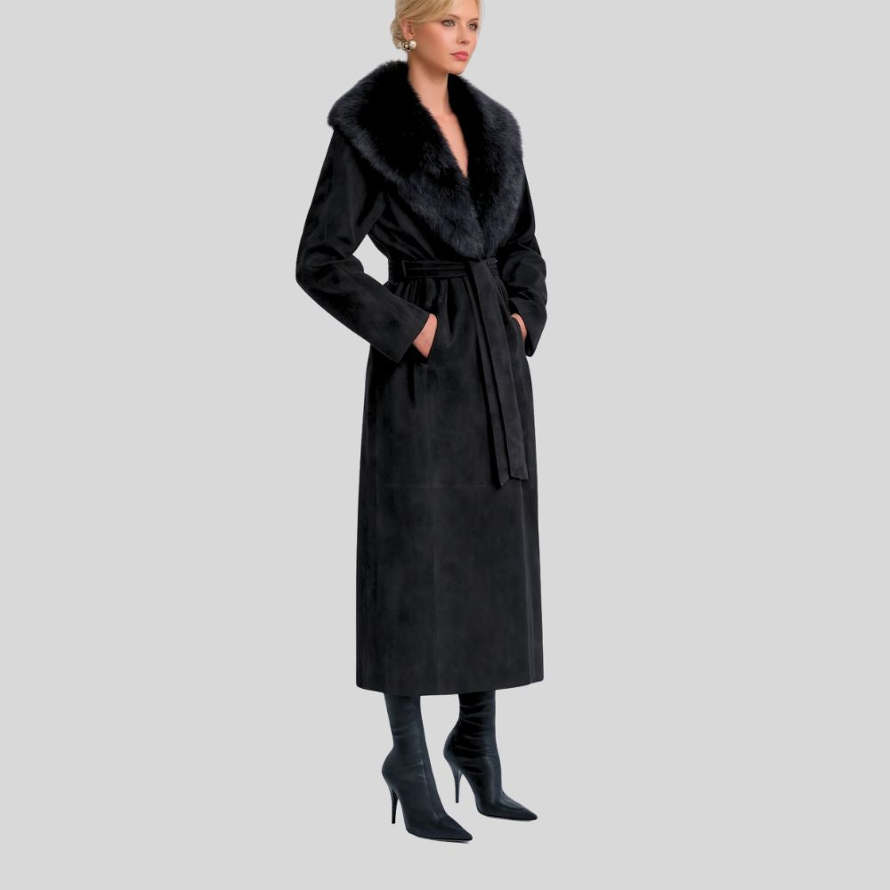 Damen Schwarzer Goatsuede Mantel mit Fellkragen – Veloura